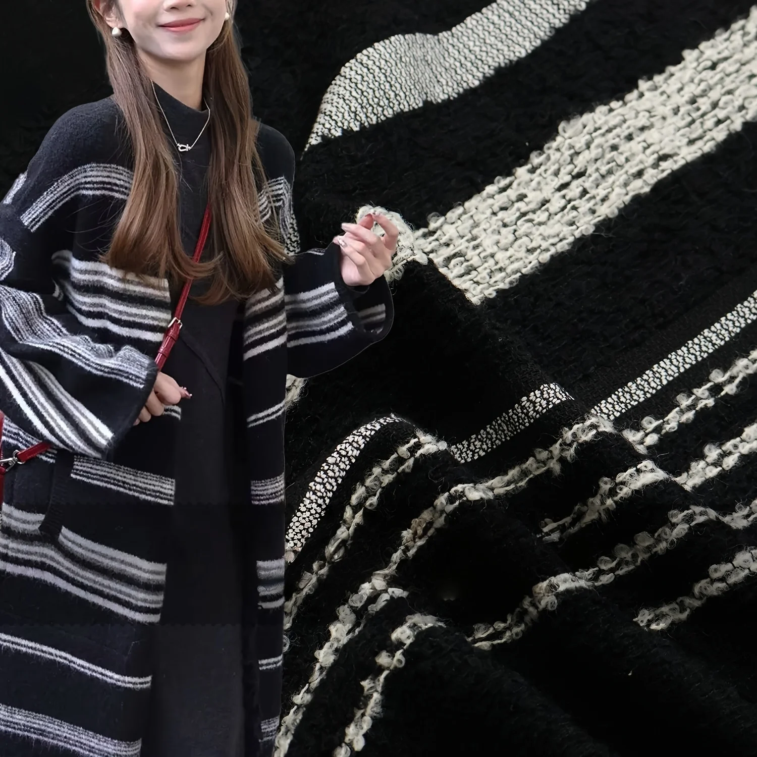 2 Yards Black and White Horizontal Stripesd Asymmetrical Wool Small Fragrant Woolen Tweed Woven Fabric