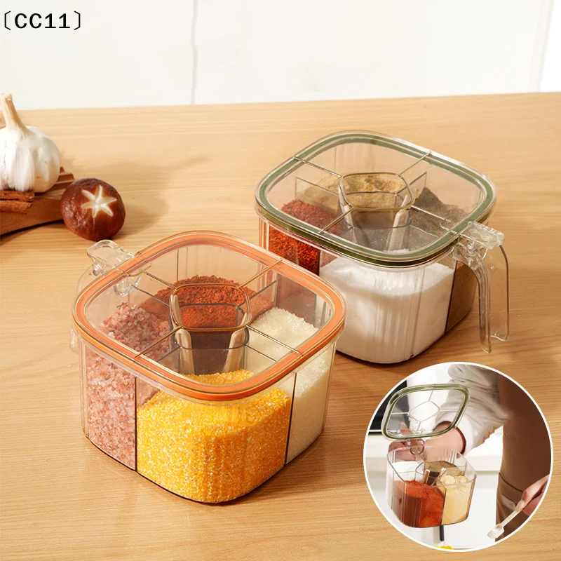 4 Grids Salt Pepper Seasoning Box Transparent Lid Spice Jar Chili Powder Sugar Bowl Condiments Storage Container Gadgets〔CC11〕
