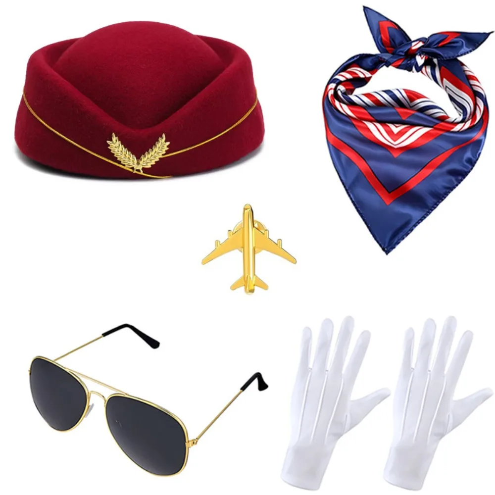 Gloves Scarf Flight Attendant Clothing Dress Up Classy Airline Women's Stewardess Costume Brooch Role Play Flight Attendant Hat