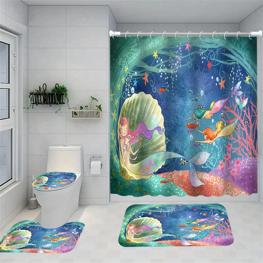 

1/4 занавески для домашней ванной комнаты «Русалка», украшение для сиденья для унитаза, ковер для занавески для душа, занавеска для душа с ковром и крышкой для унитаза