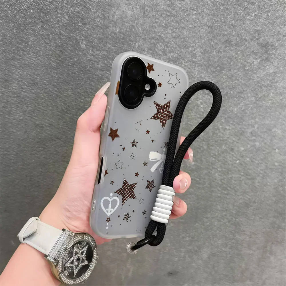 Coque de téléphone coréenne à motif étoile et lanière pour iPhone 17 15 14 16 13 12 11 Pro Max 14 7 8 15 16 Plus XS XR SE 16 15 avec dragonne