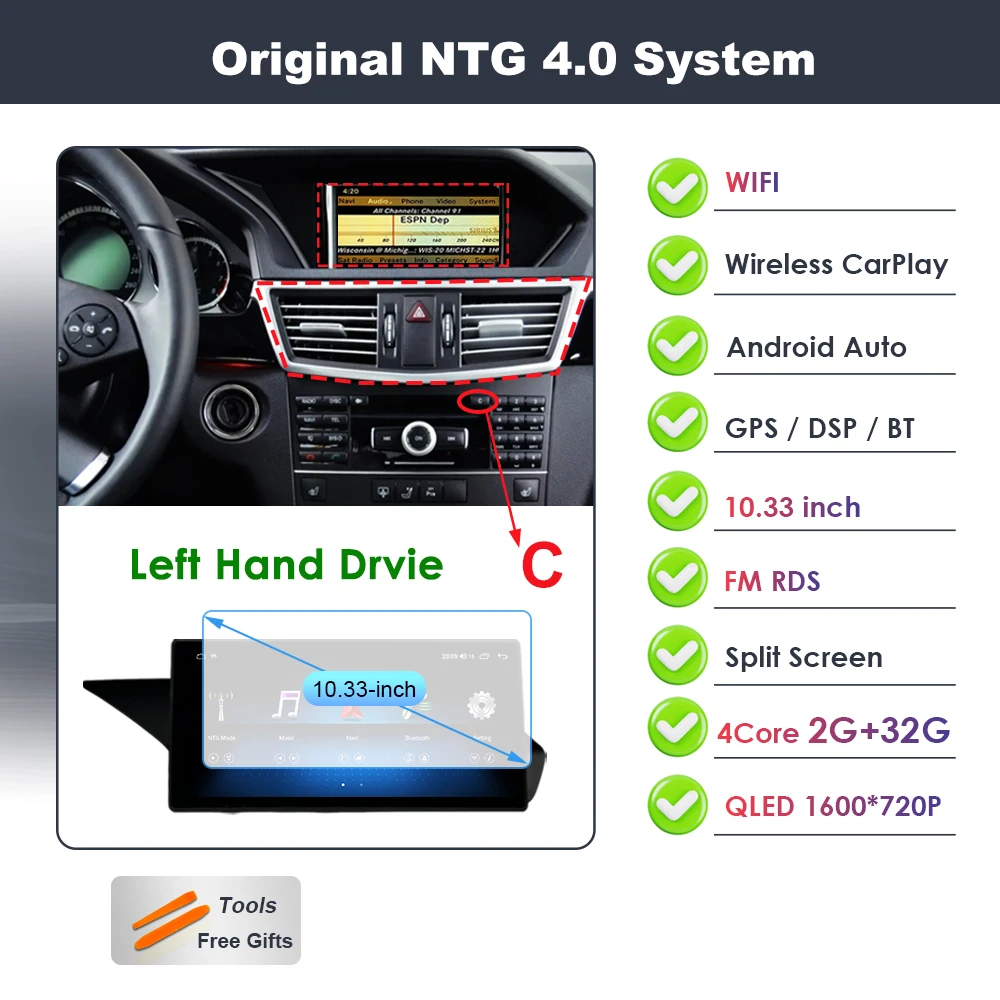 Draadloze Carplay voor Mercedes Benz E-Klasse W212 2009-2015 Android 16 autoradio video DSP stereo GPS QLED touchscreen 4G WiFi BT