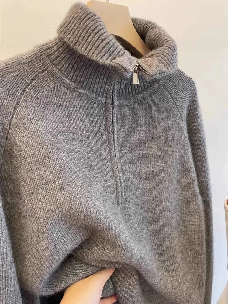 Turtleneck half zip 100% pure cashmere sweater autumn and winter loose thickened bottom soft waxy European high-end sweater coat