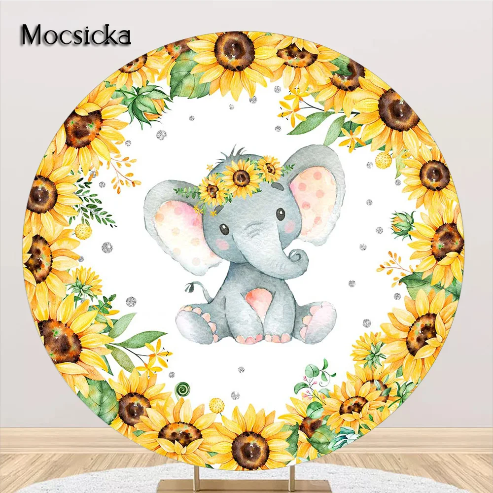 

Elephant Themed Baby Shower Photo Backdrop Round Sunflowers Newborn Kids Customized Birthday Party Background Circle Cover Props