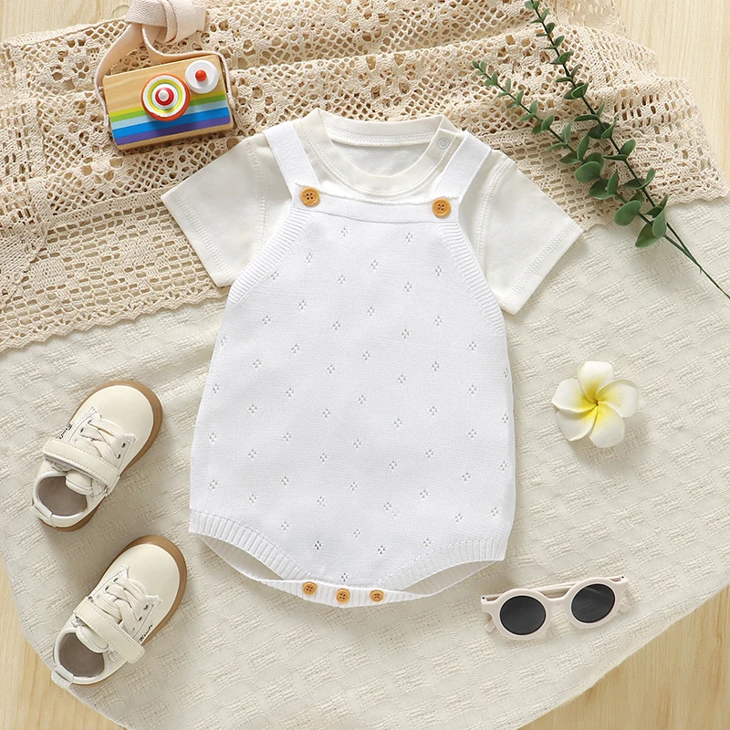 Baby Cotton Knitted Bodysuits Solid Sleeveless Newborn Infant Girls Strap Onesie Coveralls 0-18m Toddler White Outfits Costumes view 2