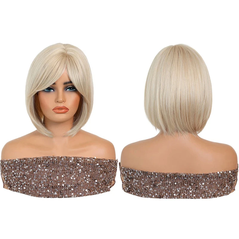 Light Platinum Blonde Bob Wig Side Bangs Short Straight Heat Resistant Synthetic Wig Natural For Women Cosplay Daily Party Use