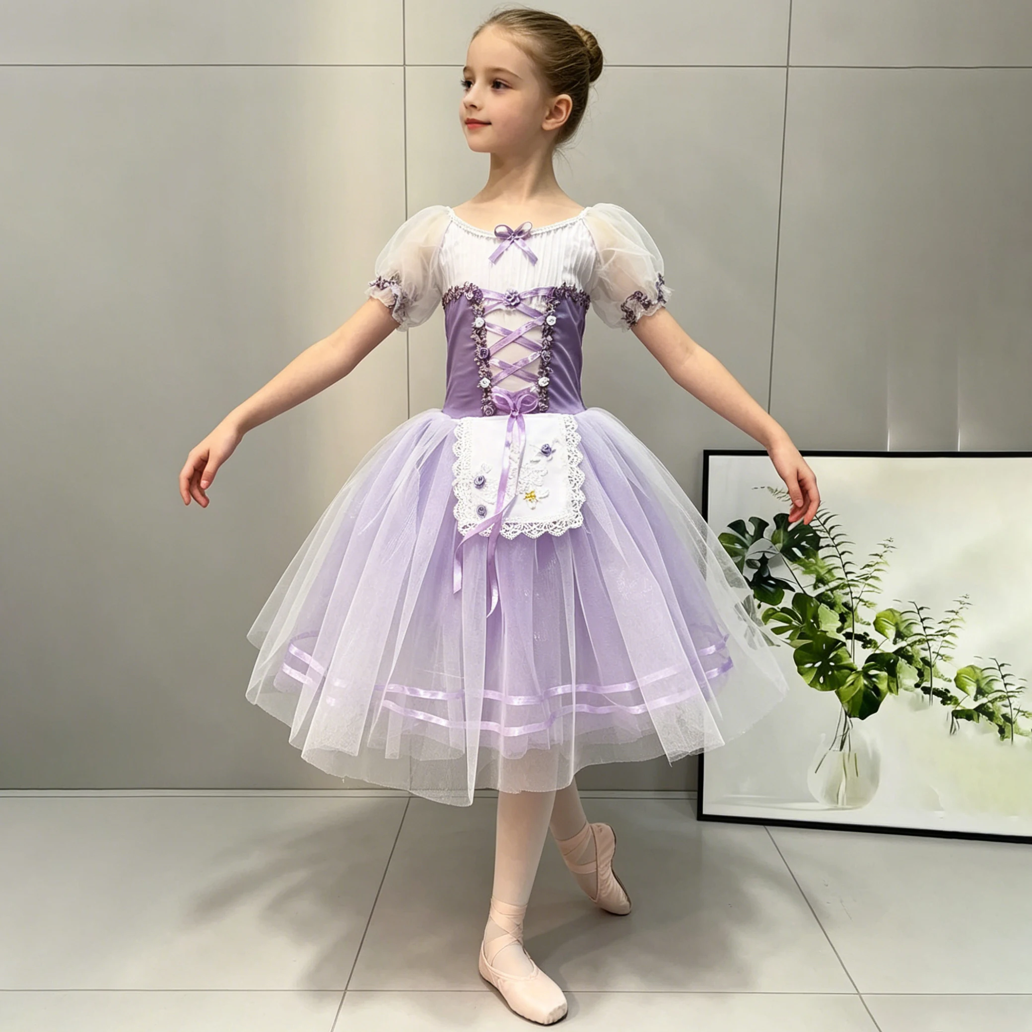 

Professional Elegant Ballet Dress Bowknot Lace Puff Sleeve Ballerina Performance accessories Children Girl Ballet Dance Clothes