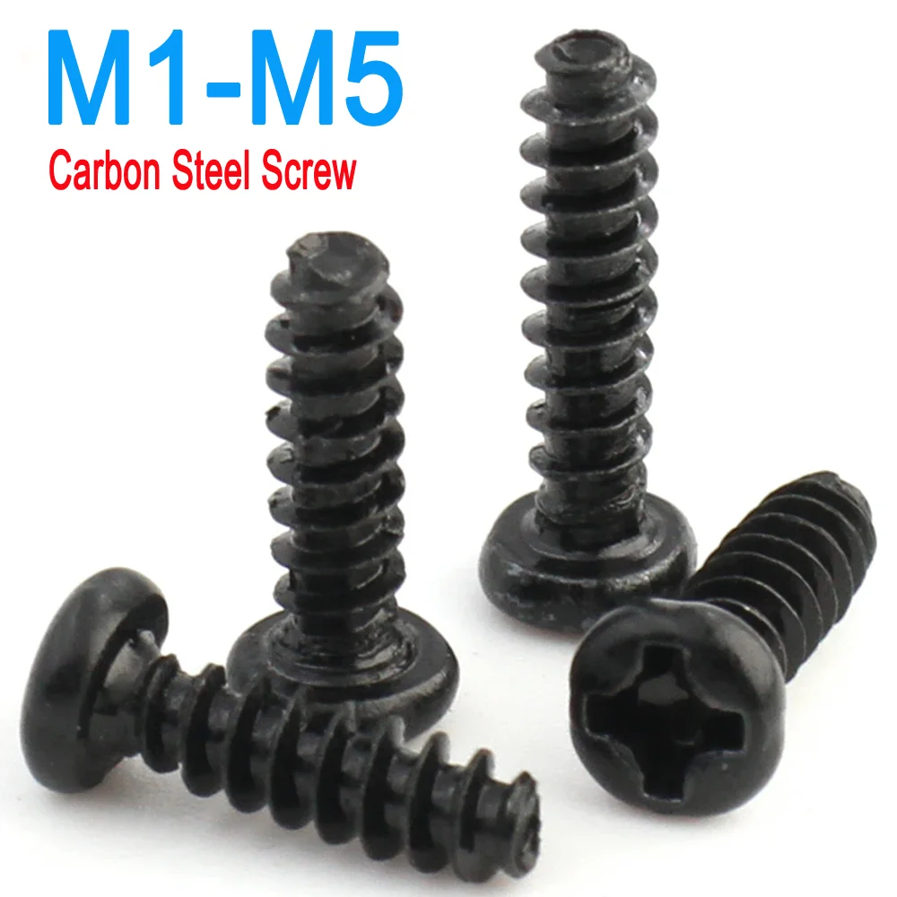 

M1 M1.2 M1.4 M1.7 M2 M2.3 M2.6 M3 M3.5 M4 M5 Black Carbon Steel Mini Phillips Cross Recessed Pan Head Self-tapping Screw 100pcs