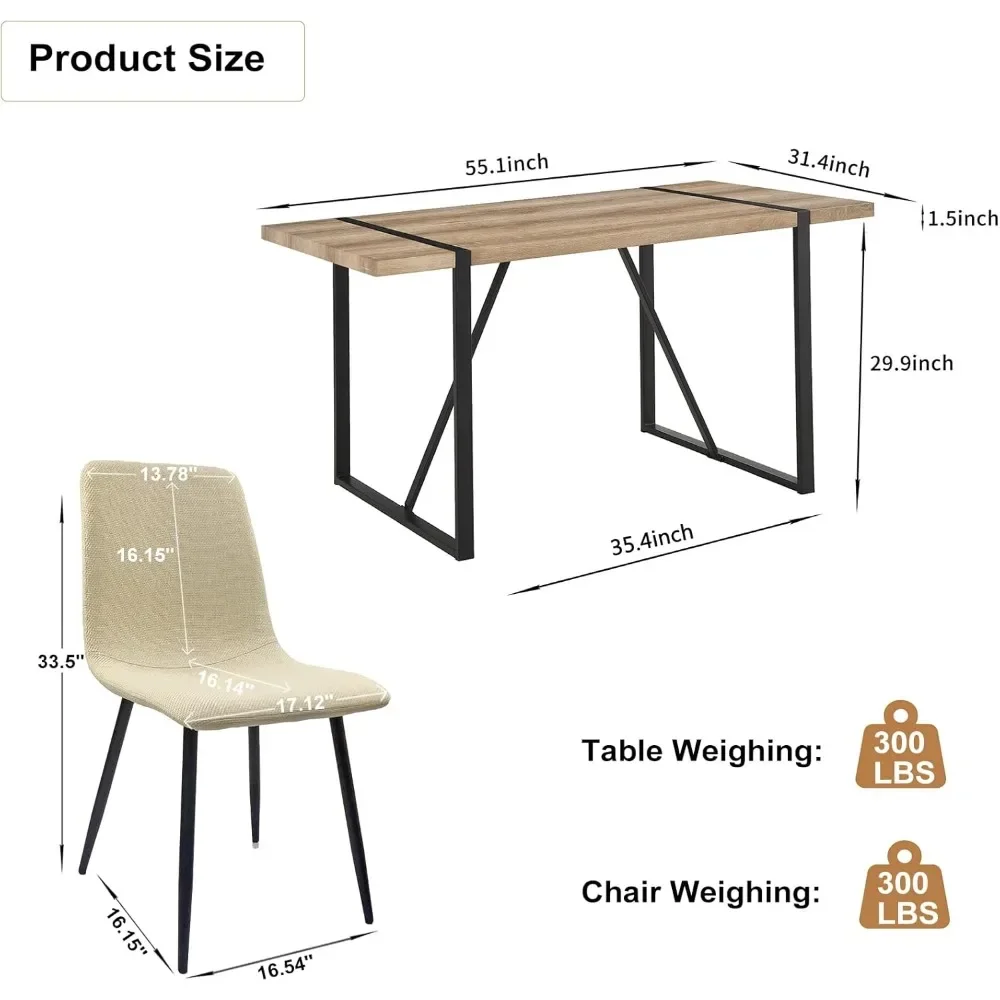 Modern Dining Table Set for 4,Rectangular Solid Wood Dining Table for 4 People,Metal Base and Legs,Suitable for Living Room