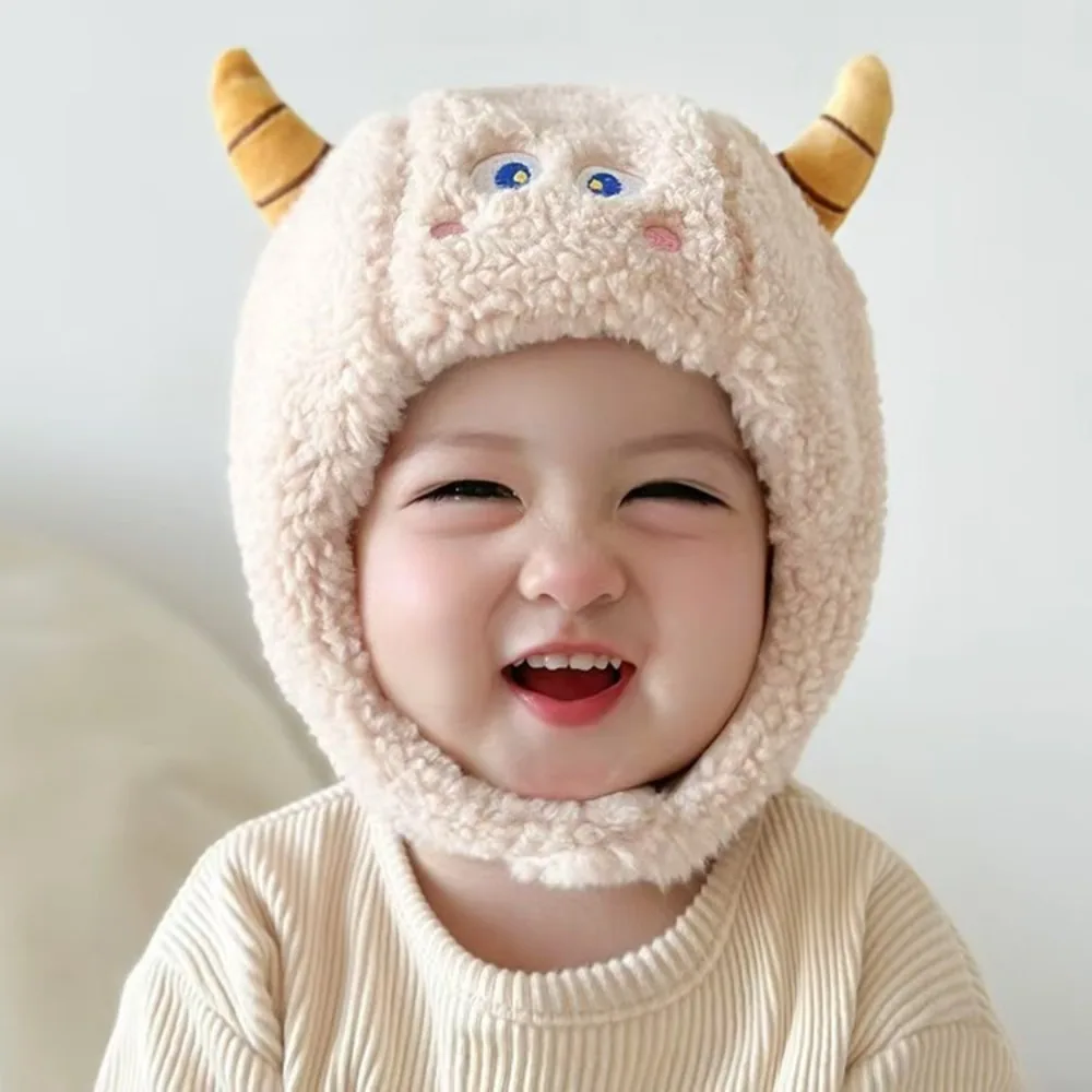 Cartoon Cow Horn Baby Winter Hat Lamb Earflaps Baby Beanie Warm Fleece Ear Protection Cap Outdoor