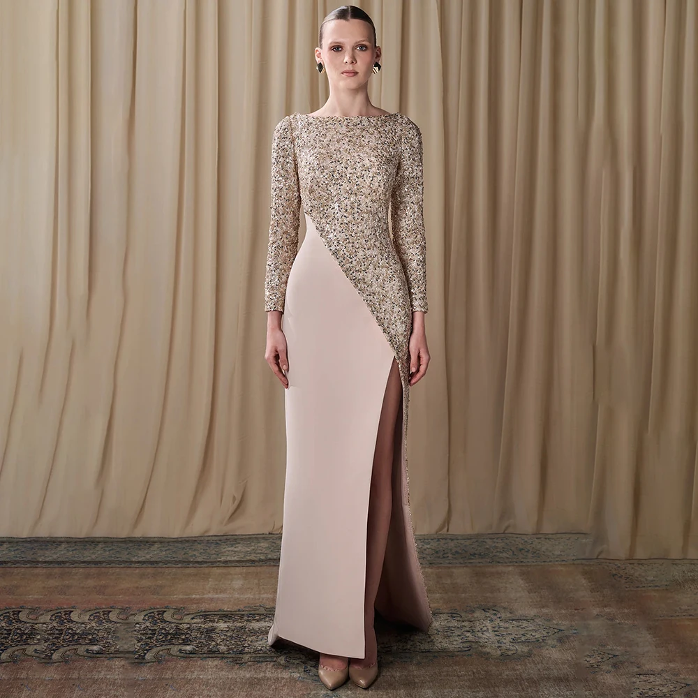 Customized Blush Pink Patchwork Mermaid Evening Dress Long Sleeve Boat Neck Sequin High Slit Formal Party Gown Women Vestidos