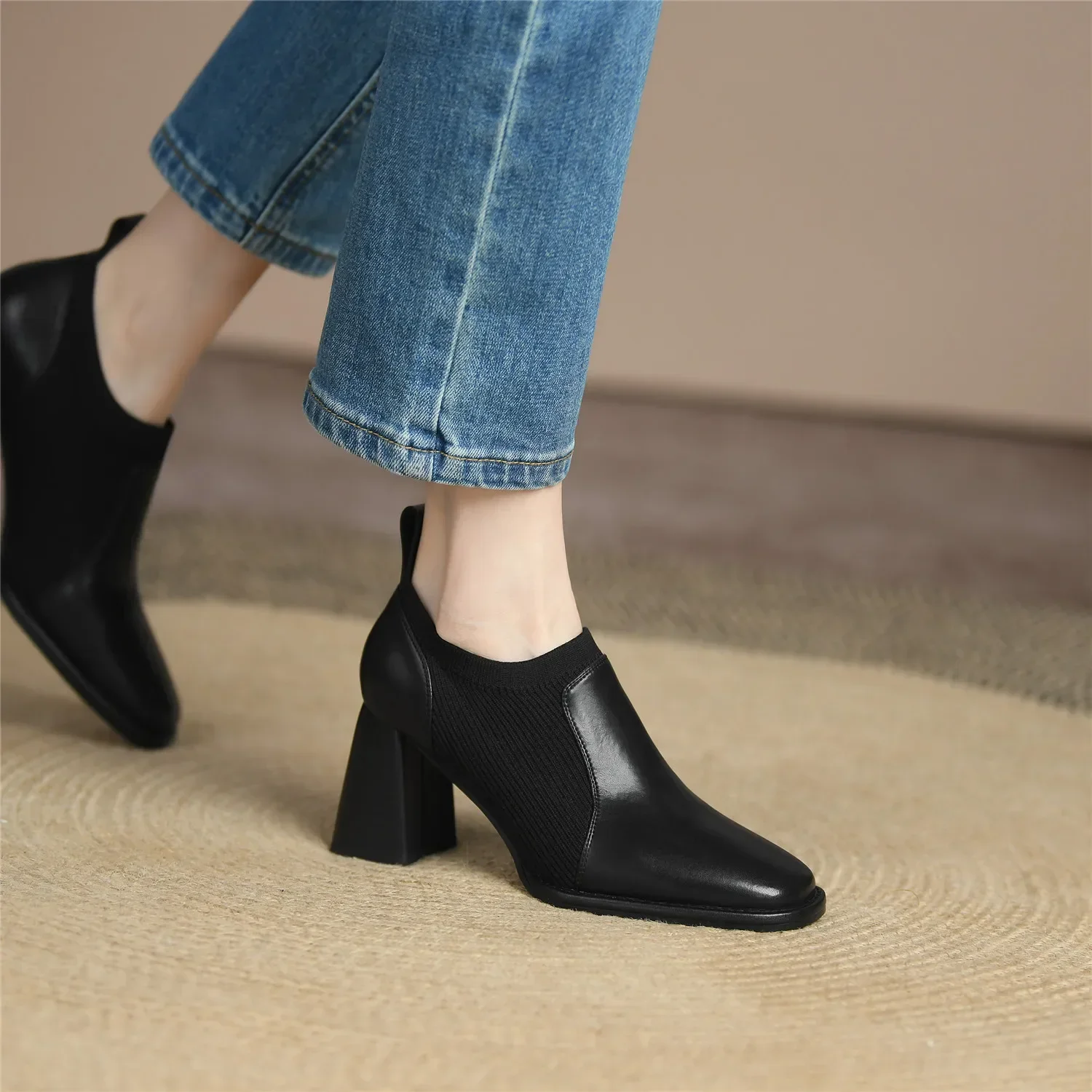 High Heels Women Cow Split Leather Black Pigskin Lining and Insole Office Dress Knit Sock Pumps Spring Autumn Shoes Big Size 42