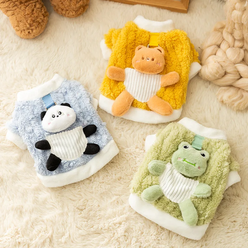 

Cartoon Panda Pocket Sweater Little Bear Pulling Two Foot Fleece Winter Pet Clothes Plush Open Button Sweater Warm Dog Clothes