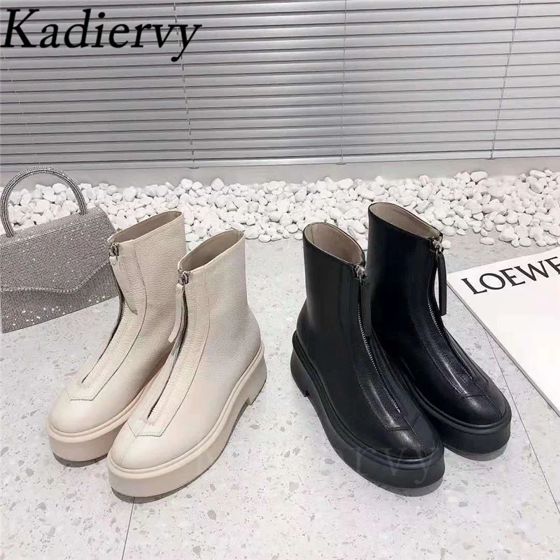 Hot Sales Motorcycle Boots Woman Round Toe Front Zipper Ankle Boots Flat Platform Shoes Women Suede Leather Short Boots Women