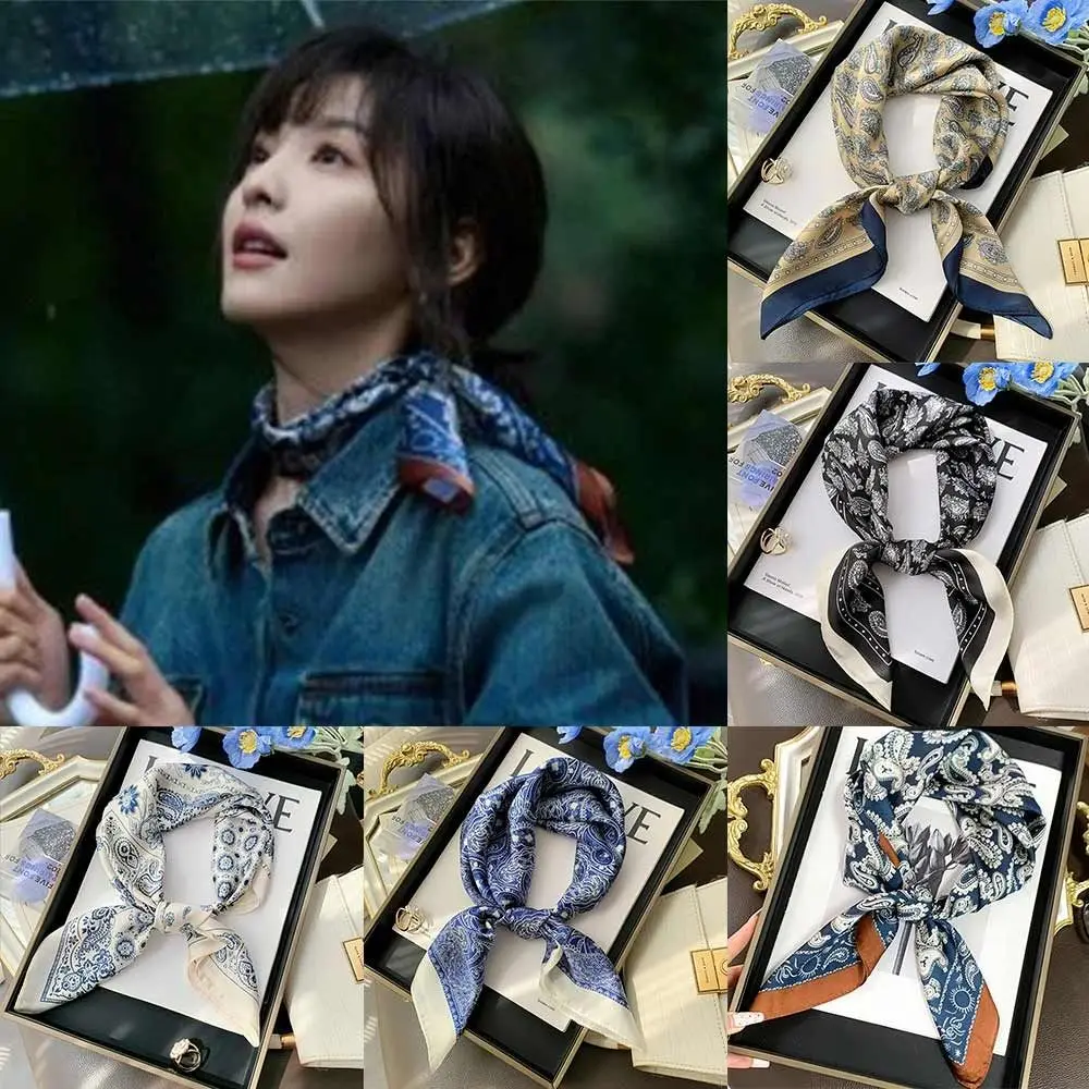 Bufanda de seda cuadrada elegante, pañuelo para el pelo con patrón de flores de doble cara, envolturas para bolso, pañuelo para mujer de 70x70cm