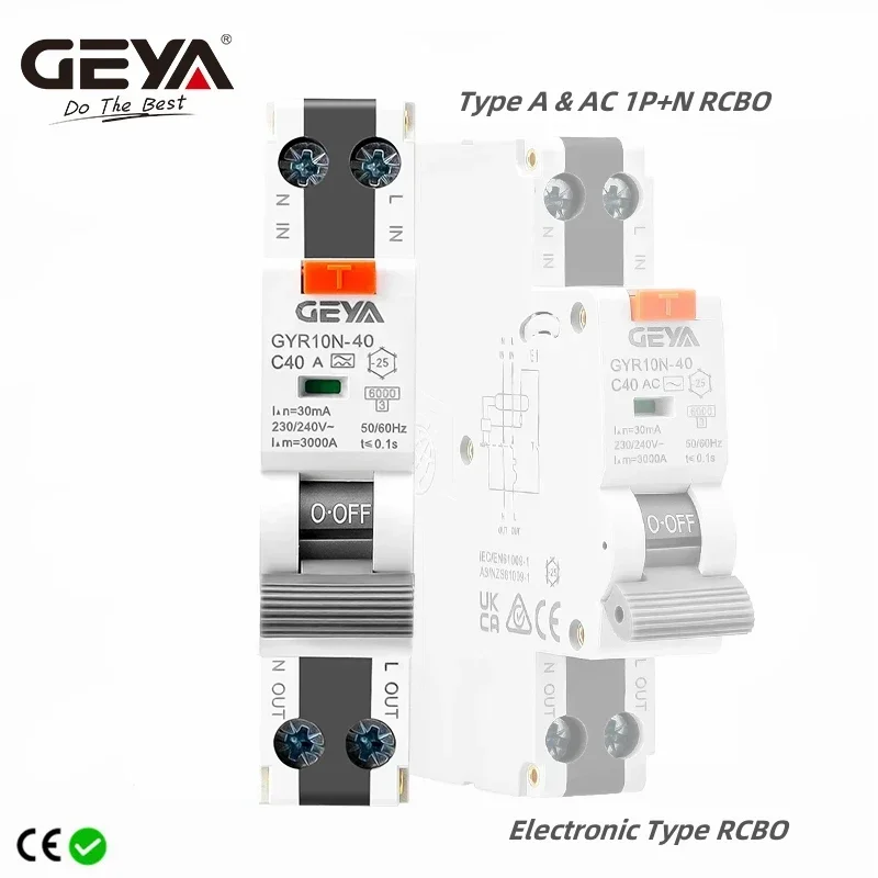 GEYA Electronic Type RCBO 18mm 230V 1P+N 6KA Residual Current Circuit Breaker with Over Current Potection Max 40A