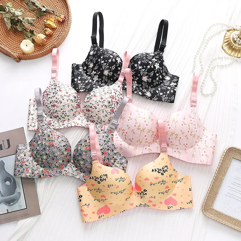 

Ladies Floral Print No Steel Ring Seamless Bra Sexy Lingerie Floral Gathering Small Bra Adjustable Thickness Breathable Bra