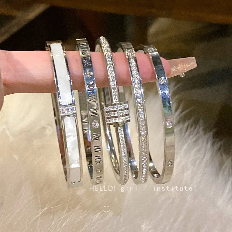 Silver Color Bangles Bracelet for Women Girls Titanium Steel 18K Gold Plated Waterproof Jewelry Luxury Sparkling Zircon Bangles