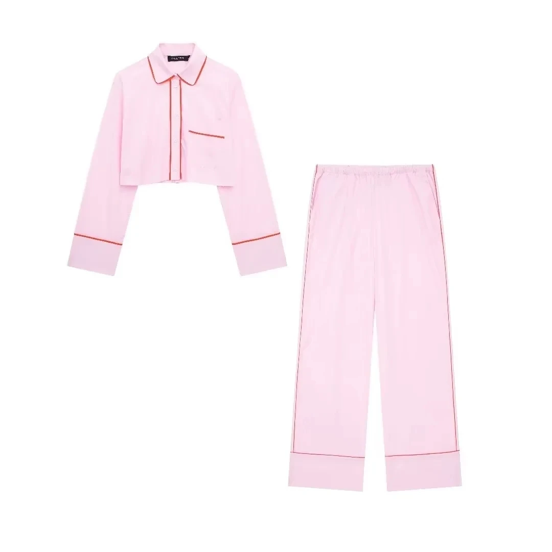 Pink Long Pant Sets For Women 2 Pieces 2024 Elegant Suit Shirt Striped Pajamas Loose Wide Leg Trousers Casual Fashion Youthful