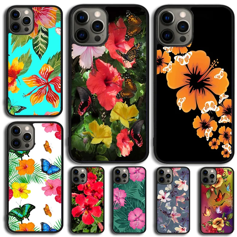 Butterflies Hibiscus Flowers Phone Case Cover For iPhone 15 16 14 XR XS 11 12 13 Mini Pro MAX Plus