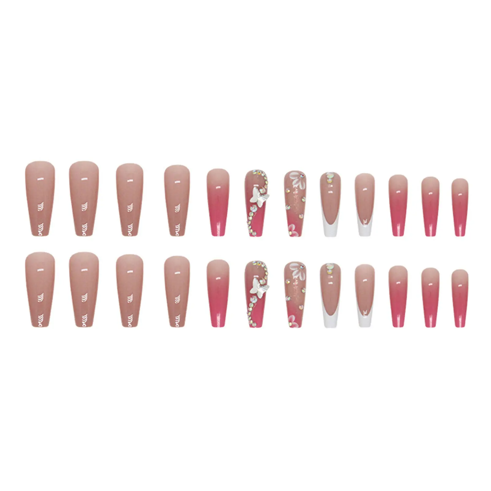 Gradients Pink Long Fake Nails with White Edge Lightweight and Easy to Stick Fake Nail for Stage Performance Wear