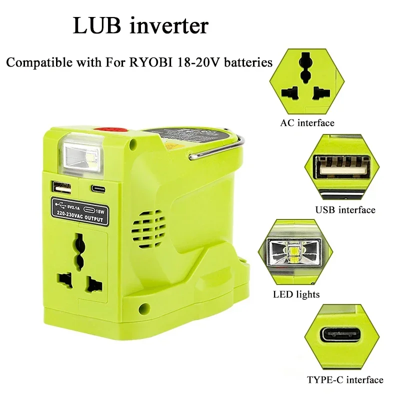 Adaptador de fuente de alimentación inversor de salida AC220V, luz LED para Makita, Dewalt, Bosch, Milwaukee, Ryobi, batería de iones de litio de 18V