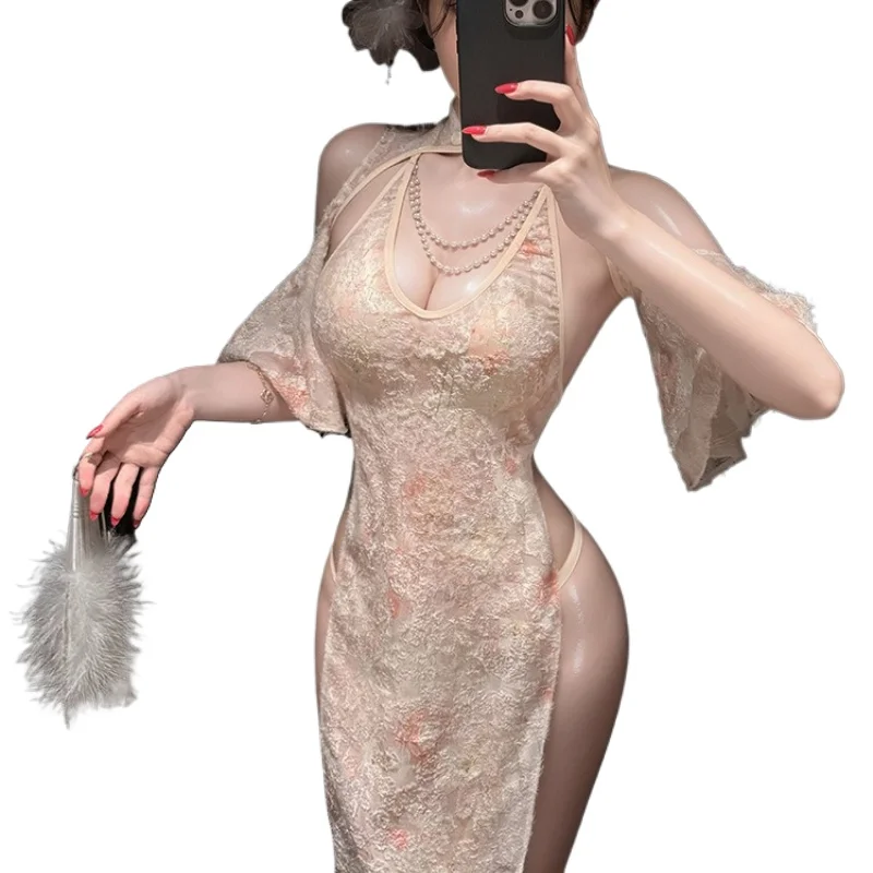 

Прозрачное китайское традиционное платье-ципао с высокой талией, кружевным воротником-стойкой и жемчугом, с вырезами, в стиле экзотического шарма