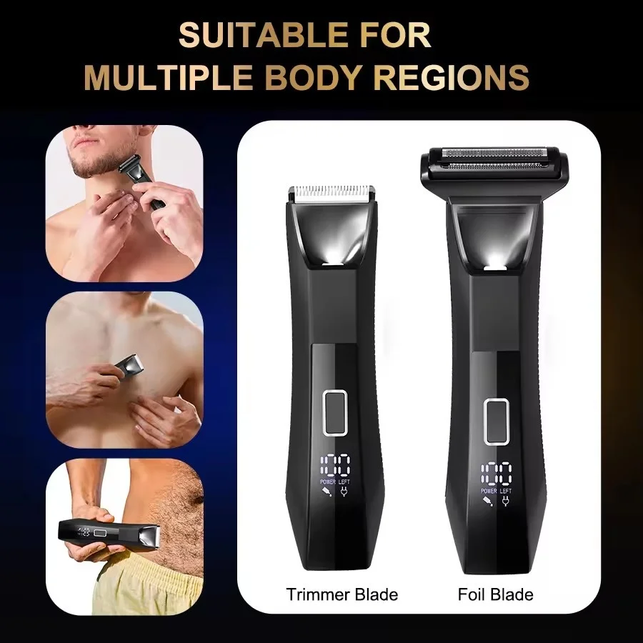 Body & Groin Hair Trimmer for Men,Waterproof Dual-Head Ceramic Blade Trimmer & Foil Blades,Wet & Dry Men’s Ball Shavers