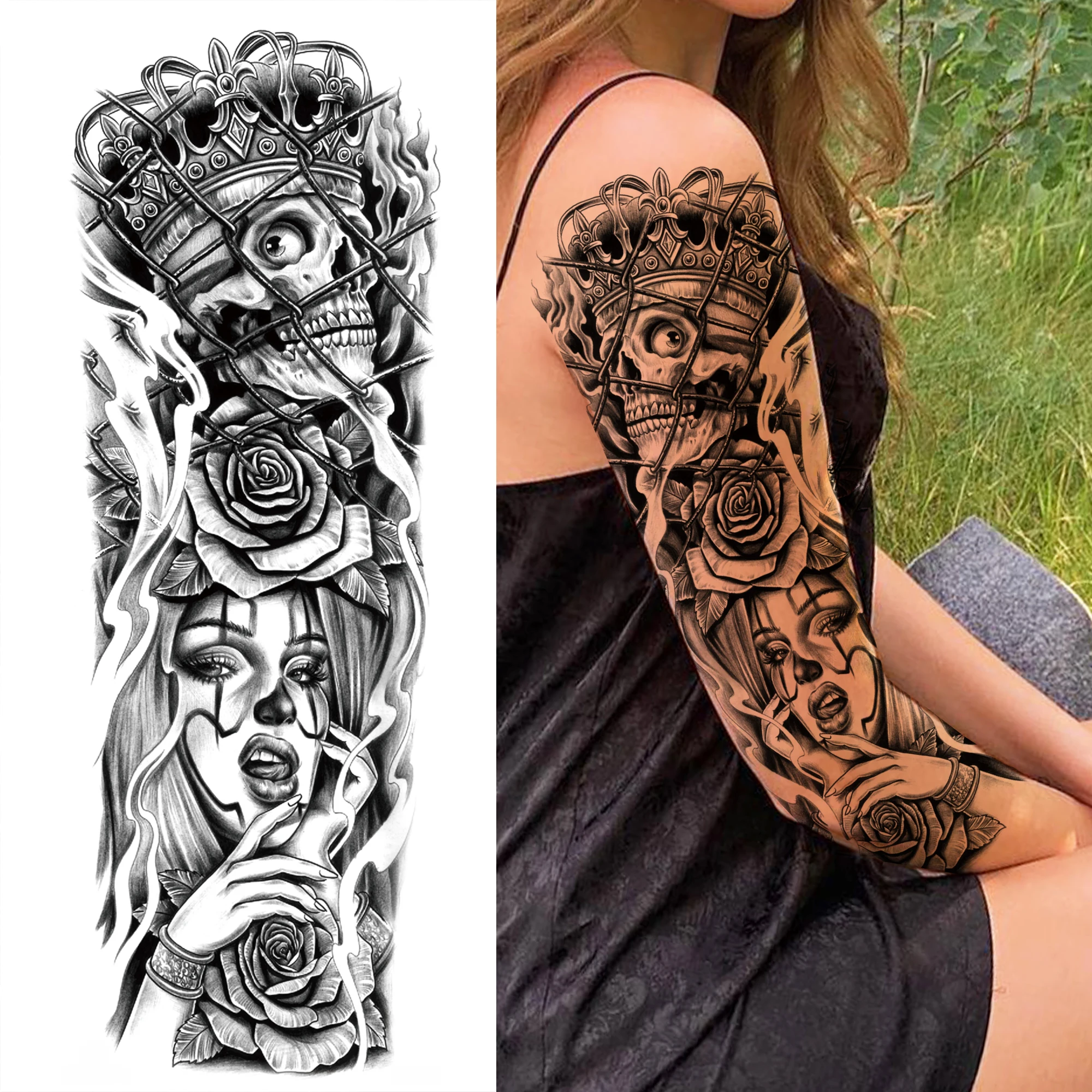 1 ورقة كامل الذراع البوصلة زيوس الجمجمة النمر الأسد زهرة الوشم المؤقت كم للرجال النساء الكبار وهمية درجة الحرارة ملصق الوشم