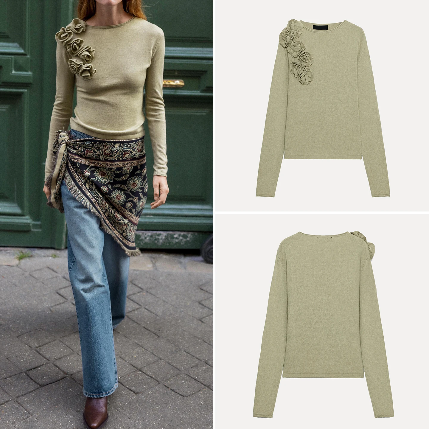 

Женский вязаный свитер Ele с цветочным декором, модный дизайн 2025 года, новинка, длинный рукав, круглый вырез, растительный цветочный узор