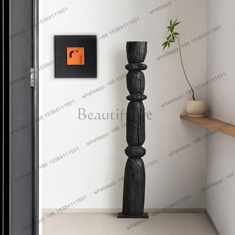 Wabi Stillwind carbonized solid wood art sculpture floor-to-ceiling ornament entrance vertical height wood carving ornament