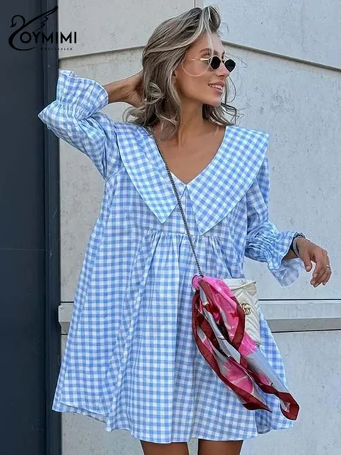 Oymimi eleganckie niebieskie bawełniane sukienki 2024 moda damska drukuj rękaw trzy czwarte Looes sukienki Casual nowa plisowana Mini sukienka