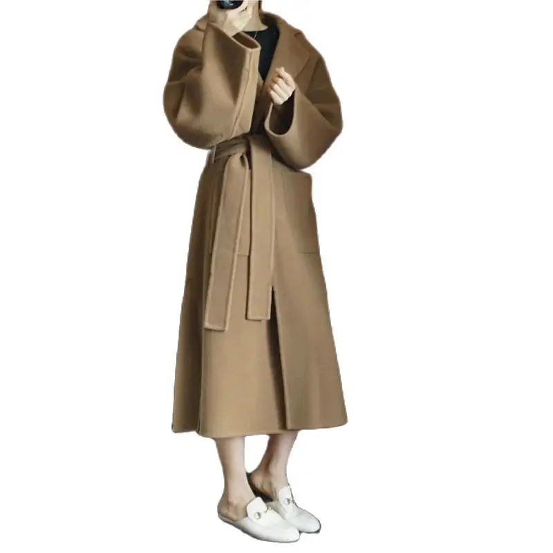 Elegant Women's Long Coat 100% Pure Wool Double-Sided Comfortable Loose Fit with Side Slit for Casual And Formal Wear