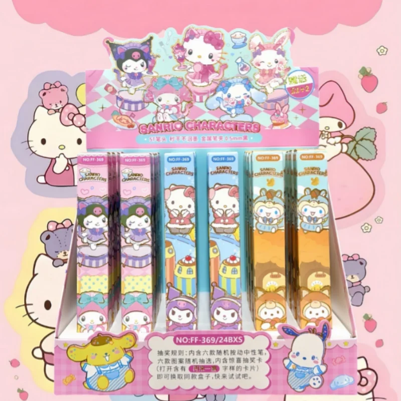 

24pcs/lot Kawaii Sanrio Kuromi Melody Cinnamoroll Pochacco Press Gel Pen Cute 0.5mm Black Ink Press Signature Pens School Supply
