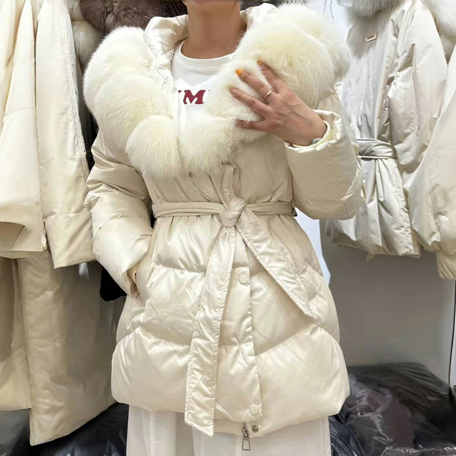 

White Down Jackets With Large Fur Collar Natural Fox Fur Coat Winter Jacket Women New Belt Loose Puffer Parka