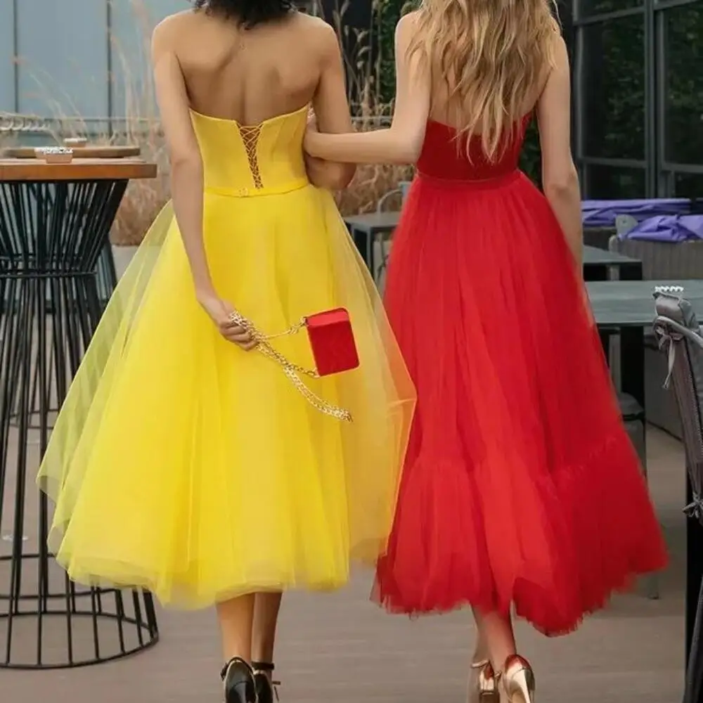 Elegant Sweetheart Homecoming Dresses Strapless Tulle A-Line Sleeveless Waistband Tea Length Women Party Prom Vestidos Gowns