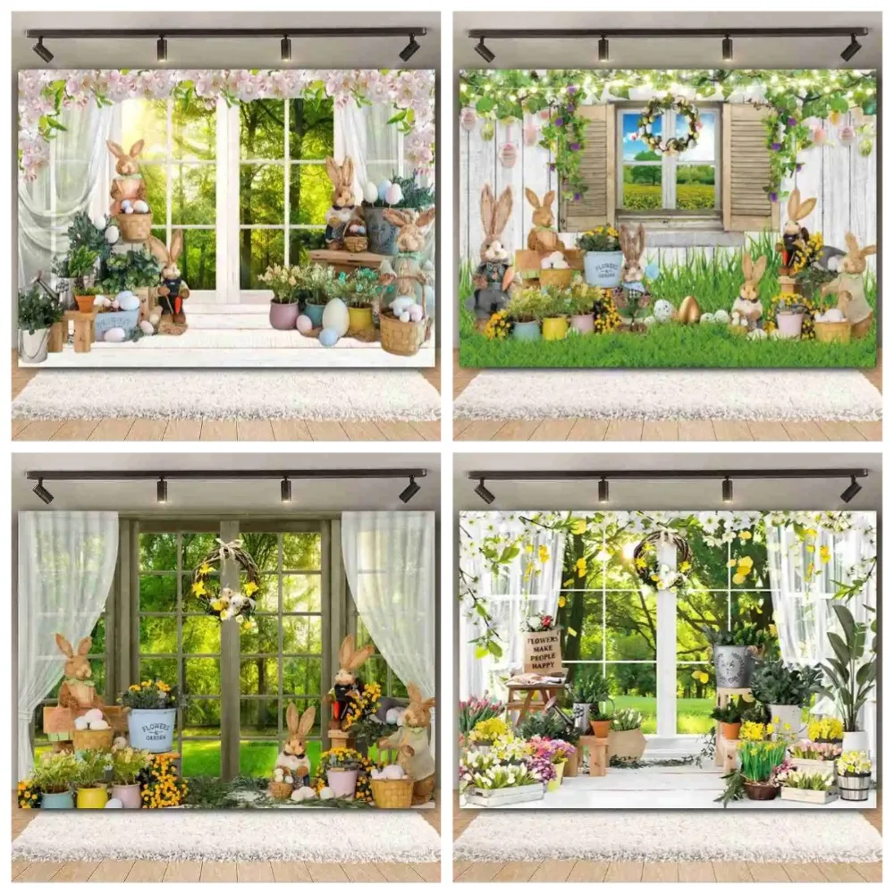 

Spring Easter Garden Photography Background, Rabbit Easter Egg Wooden Board Baby Portrait Decoration Photography Studio Backdrop
