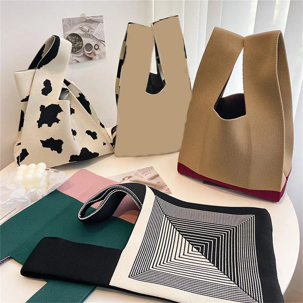 Handmade Knit Handbag Women Mini Knot Wrist-bag Female Casual Color Wide Stripe Plaid Tote Bag Student Reusable Shopping Bag