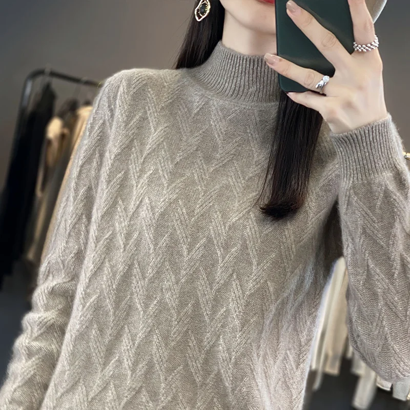 2023 New Autumn Winter women Cashmere thickened Half turtleneck  Warm Loose cashmere sweater women