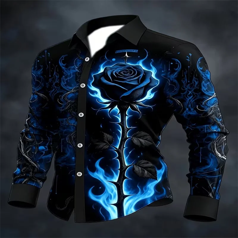 Men's stylish long-sleeve shirt featuring a 3D red rose and flame print; a button-down casual style suitable for parties.