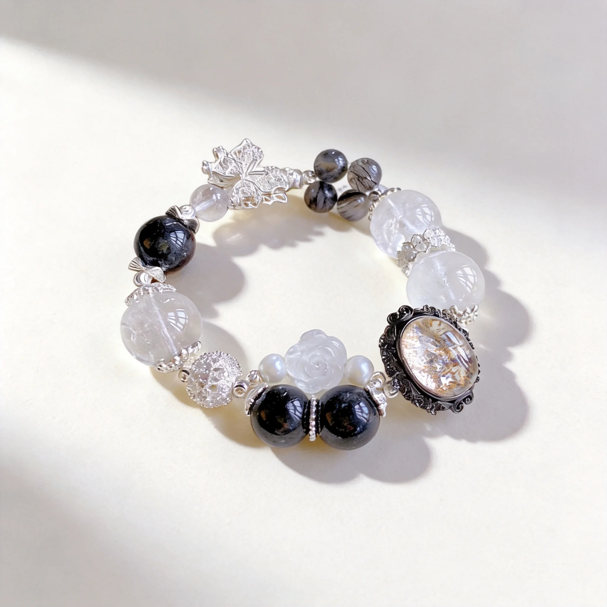

Chinese Style Lucky Blessing Wealth Attracting Natural Phantom Quartz Black Rutilated Clear Quartz Rose Butterfly Beaded Bracele