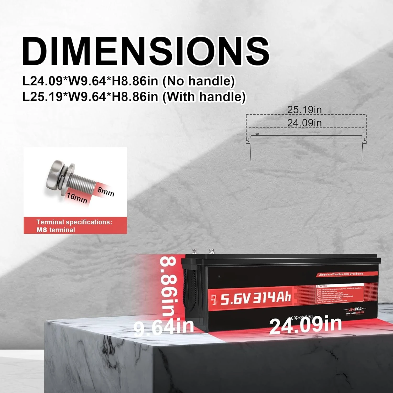 24V 300Ah (314Ah) LiFePO4 lithium Battery With 200A BMS IP65