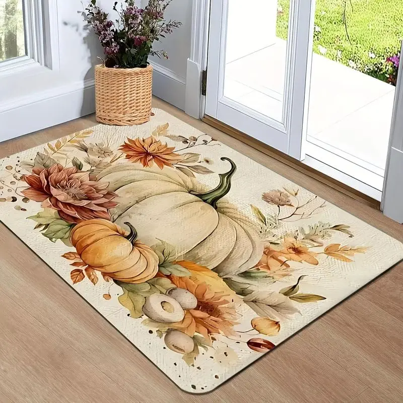 VIKAMA Watercolor Pumpkin and Flower Doormat—Atmospheric Entryway and Hallway Mat, Non-Slip, Easy to Clean, Home Decor