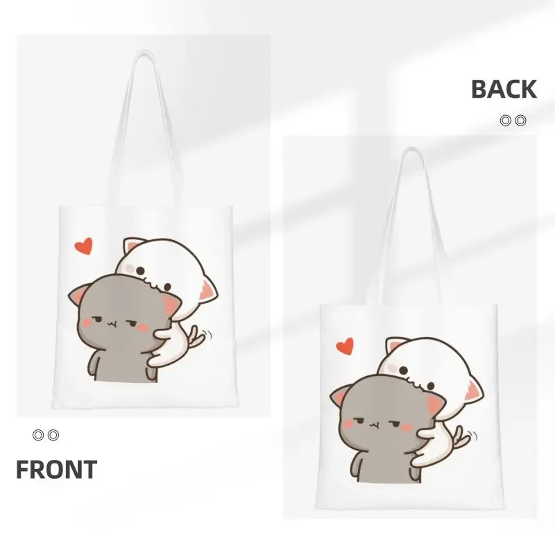 Peach Eating Goma Mochi Cat Nom Grocery Shopping Bags Printed Canvas Shopper Tote Shoulder Bag Big Capacity Portable Handbag