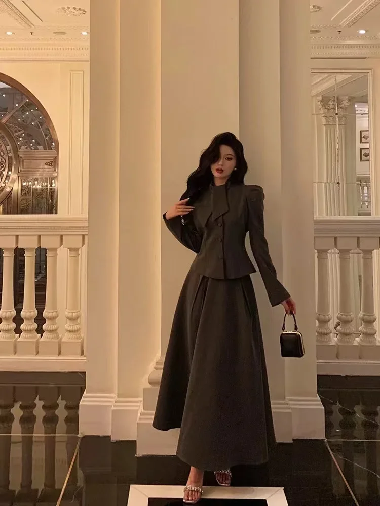 

Insozkdg French Socialite High-end Skirt Suits Women Autumn Smoke Gray Jacket High-waist Skirt Two-piece Set High Quality Sweet