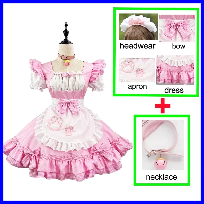 Vestido Sexy de sirvienta de Anime para niña, dulce gato, negro, blanco, rosa, lindos vestidos de Lolita, delantal de fiesta de Carnaval, trajes de camarero