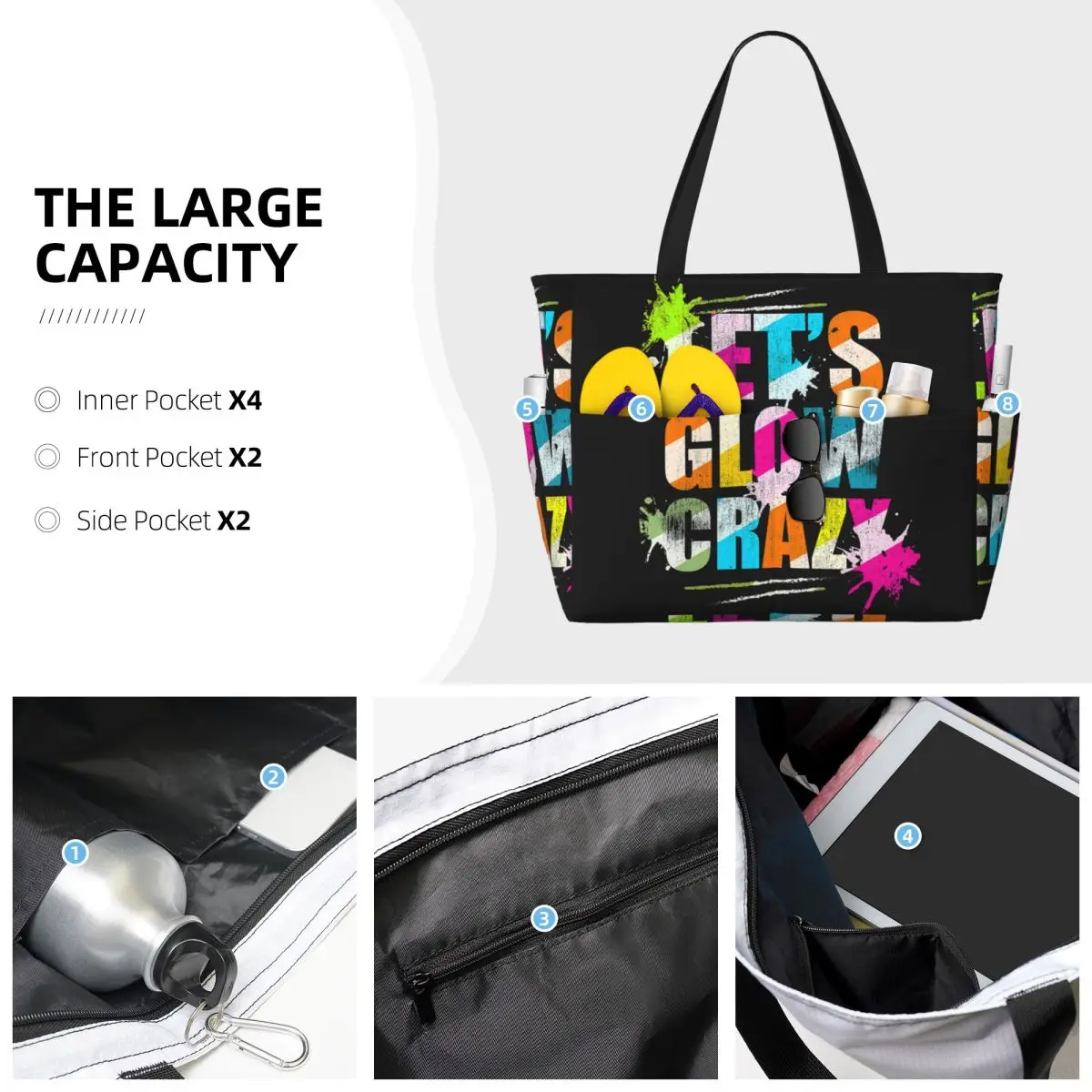 Let's Glow Crazy Neon Party Light Rave Beach Tote Bag Sport Gym Yoga Duffle Large Tote Bag Women Travel Bag Fitness bag