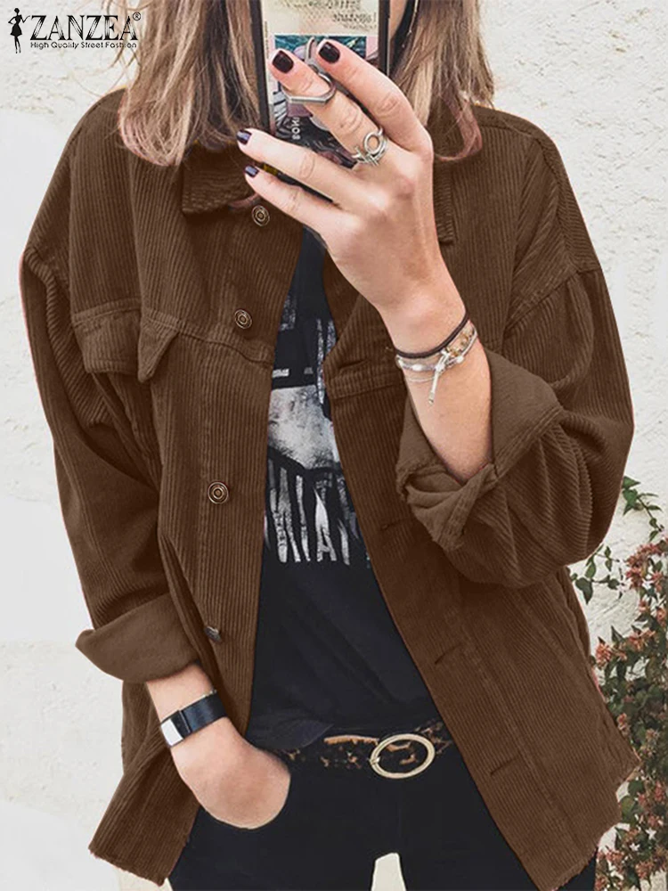 

ZANZEA 2025 Autumn Corduroy Shirts Women Lapel Collar Tunics Fashion Casual Solid Color Outfits Holiday Long Sleeve Tops Vintage