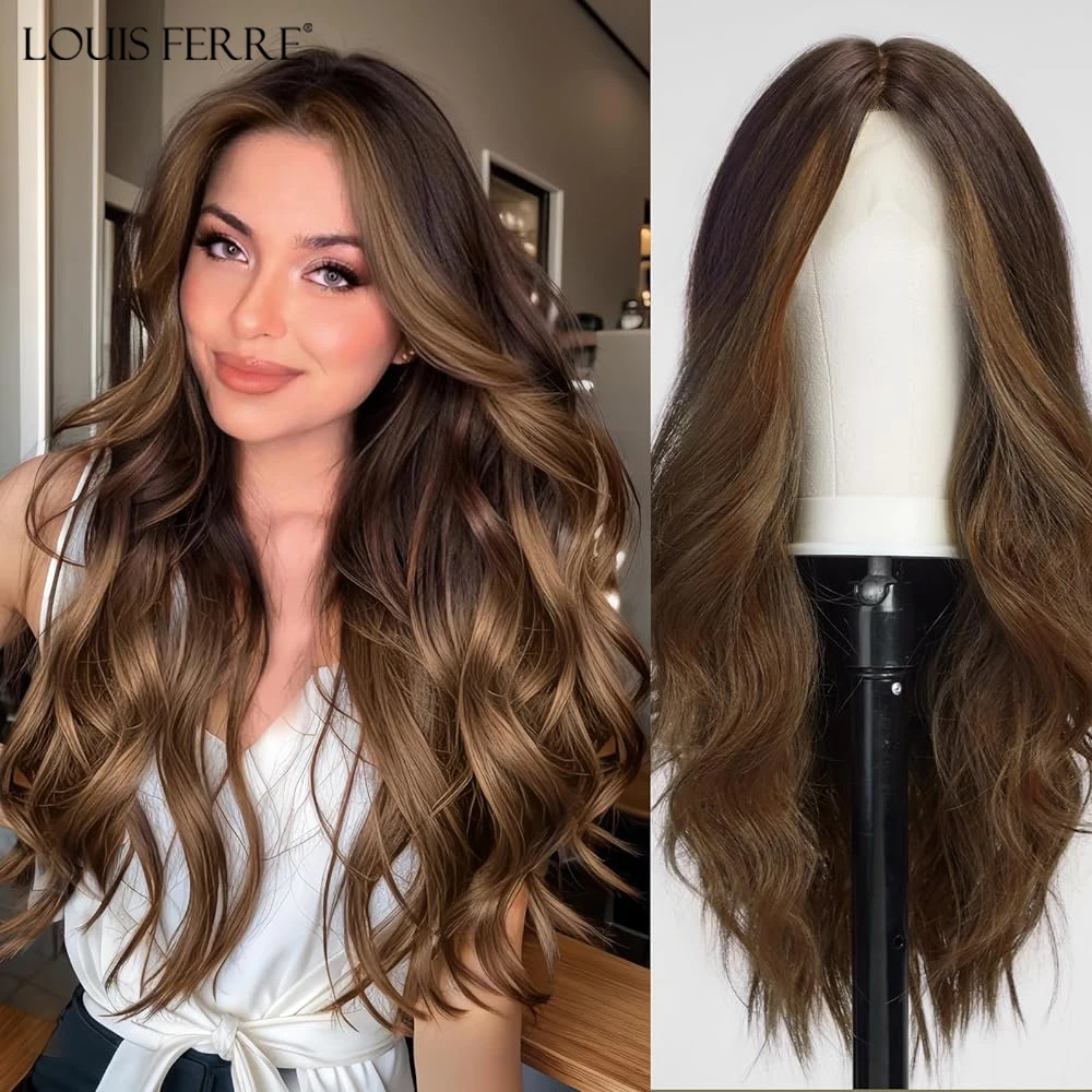 

LOUIS FERRE Lace Front Wig Natural Brown Wigs for Women Ombre Auburn Long Curly Synthetic Wig Middle Part Hair Daily Wear Wig