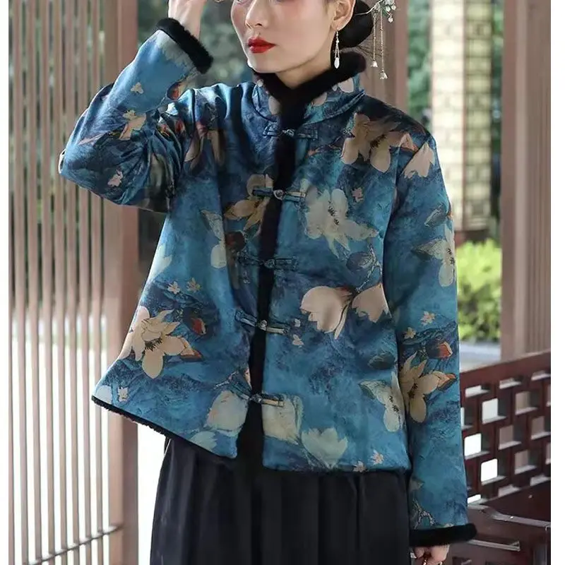 Cappotto di stampa superiore retrò cinese lady graceful vintage hanfu tang suits donna auntumn winter oriental qipao cappotto caldo della nonna